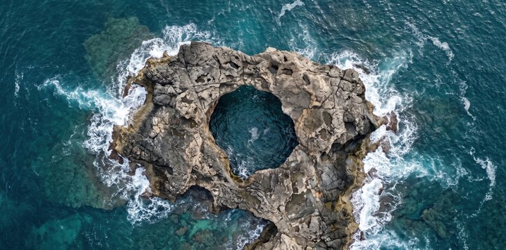 Aerial view of a rugged, circular rock formation with a central natural pool surrounded by turquoise ocean waves and white sea foam, captured from directly above