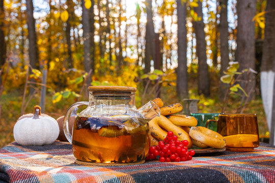 Outdoor autumn picnic featuring transparent teapot filled with herbal tea and fresh orange slices beside matching glass cup on rustic table. Red viburnum berries, traditional bagels and colorful