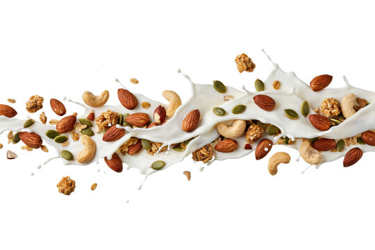 Almonds, cashews, and granola clusters splashing in white milk stream isolated on a transparent background