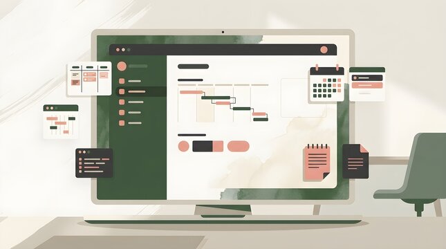 Modern workspace with digital dashboard and analytics.