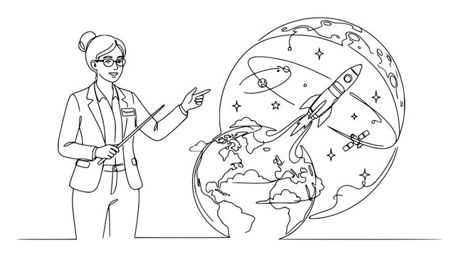 Teacher Explains Space Exploration with Rocket Launch and Earth Globe Illustration