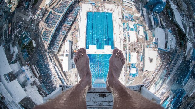 A first person view from high above on a diving platform overlooking a swimming pool.