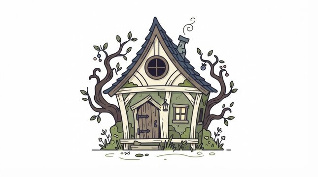 Cute small cartoon house drawing with trees isolated on a plain white background