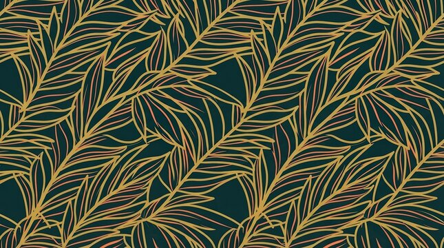 Seamless pattern with hand drawn palm leaves in yellow and white on dark background