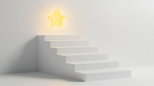 Minimalist white staircase with a glowing yellow star light in the corner