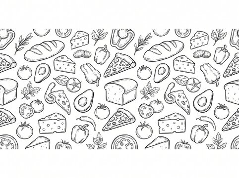 Seamless pattern of hand drawn food ingredients including bread avocado and pizza slices with ingredients seamless background monochrome illustration culinary vegetables