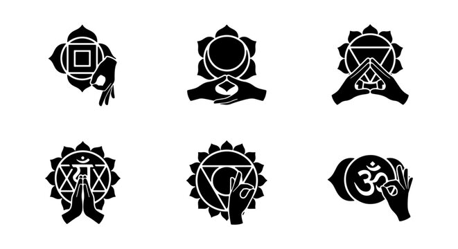 Chakra Symbols, Mudras, and Om Icon Set: Spiritual Yoga Meditation Icons