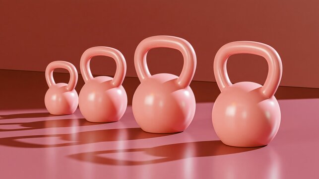 Four pink kettlebells arranged in ascending size on glossy surface with soft shadows against matching background