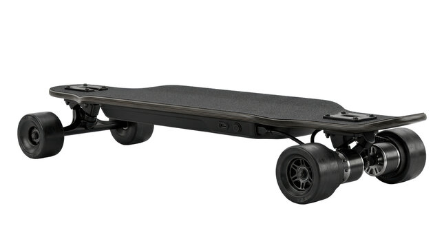 Minimalist optical Electric skateboard on white bac refracting vivid spectrum light rays across clean studio podium, for enterprise commercial advertising and digital media