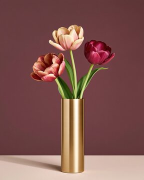 Three tulips in gradient tones of pink and burgundy arranged in a brushed gold cylindrical vase against a muted maroon background