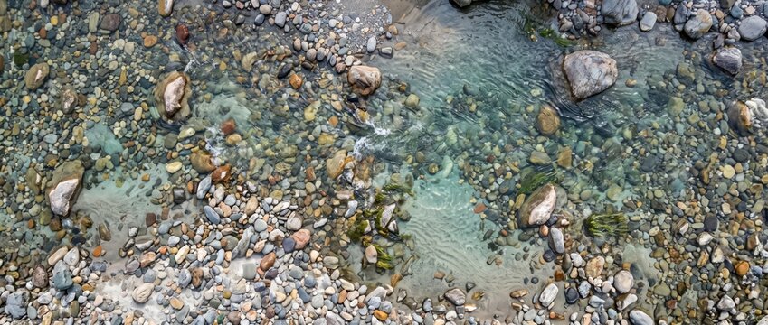 Aerial view of a shallow mountain stream with clear flowing water over a bed of multicolored smooth river stones, pebbles, and mossy rocks in a natural outdoor setting