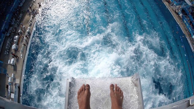 Diver Standing on High Dive Platform Above Pool.