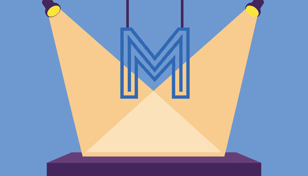 Letter M hanging on a theater stage illuminated by two bright yellow spotlights on a blue backdrop.