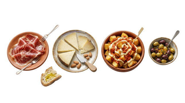 Parametric translucent Spanish tapas on white background with fluid iridescent curves and soft architectural reflections