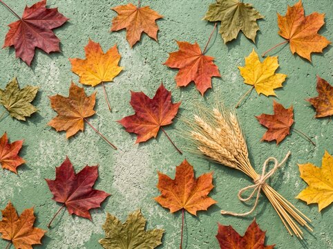 Colorful autumn maple leaves scattered with a wheat sheaf on a green textured background colorful thanksgiving botanical decoration celebration november