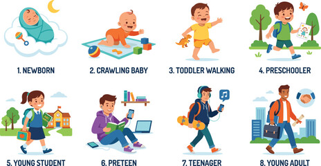 Fototapeta premium Vector Illustration Set of Human Growth and Development Stages from Newborn to Young Adult