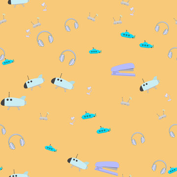 Cartoon objects pattern on orange background