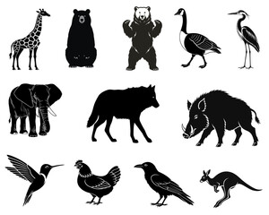 Fototapeta premium Collection of animal silhouettes in a black and white graphic style