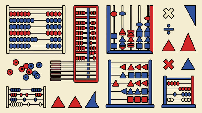 Colorful vintage calculation frames and counting beads on pale background