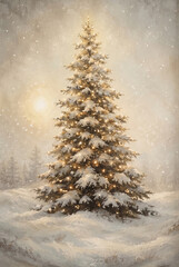 Obraz premium Vintage glowing Christmas tree in snowy winter forest oil painting print. Nostalgic holiday spruce with fairy lights on foggy winter landscape wall decor