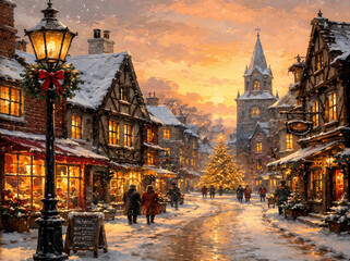 Obraz premium Vintage Christmas village street at sunset oil painting print. Nostalgic snowy town with glowing shop windows, lamppost, church, and holiday tree poster