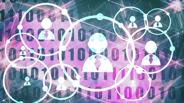 Person icons inside linked circles form a network over glowing binary code. A metaphor of digital community, online networking, business communication, data exchange and global technology connection.