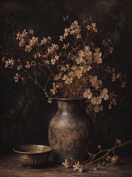 Vintage autumn dried flowers in ceramic jug still life oil painting print. Moody rustic dark floral wall art with antique clay pitcher and brass bowl