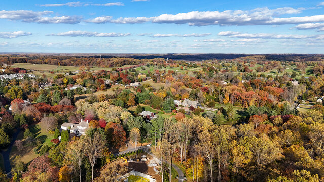 Aerial View of the low-density residential neighborhood in Greenville, Delaware, in Autumn