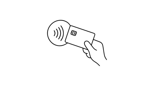 Hand tapping contactless payment card on NFC reader wireless signal vector icon illustration line art black and white simple minimal design for fintech banking digital money technology