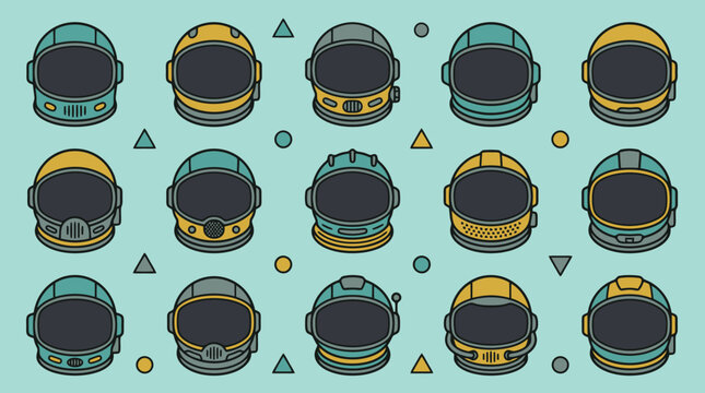 Retro astronaut helmet collection vector pattern with colorful space gear