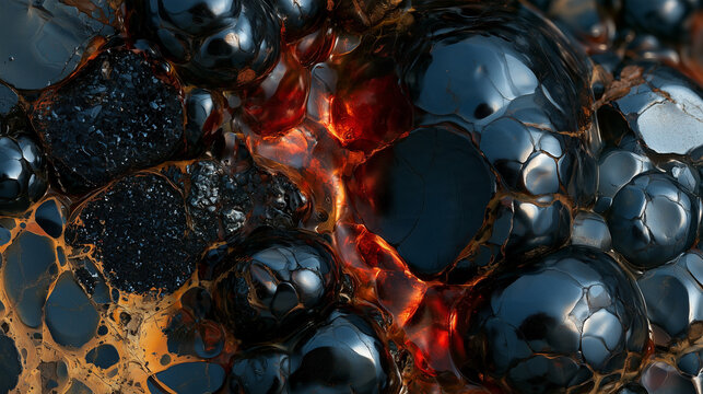 Iron ore raw mineral texture with botryoidal metallic surface and red oxide crevices  