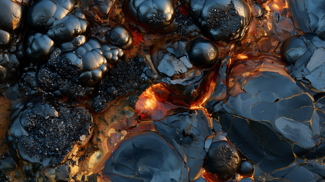 Raw hematite iron ore texture, botryoidal mineral surface with metallic black lobes and red oxide crevices 