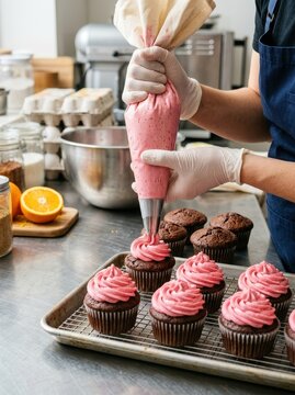 Professional Pastry Chef Decorating Chocolate Cupcakes with Pink Strawberry Frosting in a Commercial Bakery Kitchen