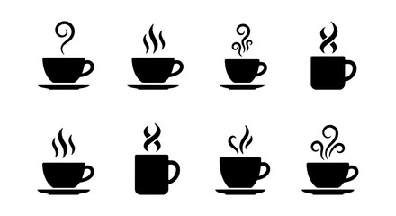 Obraz premium Hot Coffee Cup Icons, Steaming Beverage Vector Set, Warm Drink Symbols, Morning Refreshment Graphics