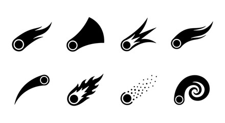 Meteorite Icons Set, Cosmic Comets and Falling Stars Vector Graphics, Celestial Bodies and Space Debris Symbols, Astronomical Event Illustrations © Ayra