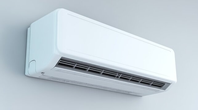 Wall-mounted air conditioning system in white color, compact design with smooth edges and grille vent detail, isolated on plain backdrop for clarity