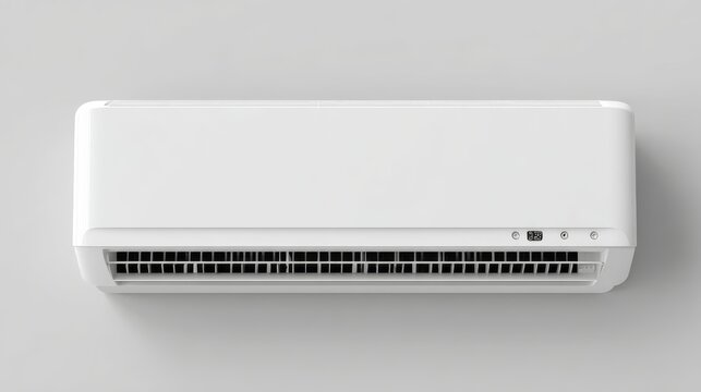 Wall-mounted air conditioning system in white color, compact design with smooth edges and grille vent detail, isolated on plain backdrop for clarity