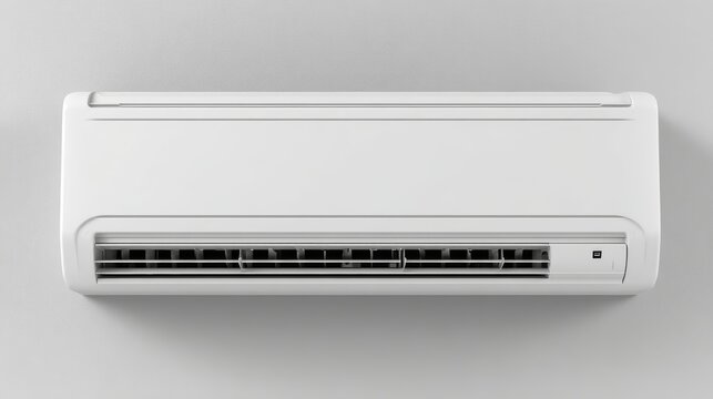 Wall-mounted air conditioning system in white color, compact design with smooth edges and grille vent detail, isolated on plain backdrop for clarity