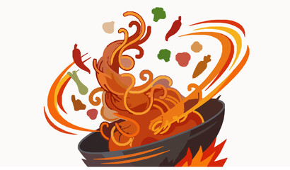 Obraz premium Stir Fried Spicy Noodles with Fresh Vegetables and Chili, Dynamic Asian Food Illustration for Restaurant Menus, Recipes, and Cooking