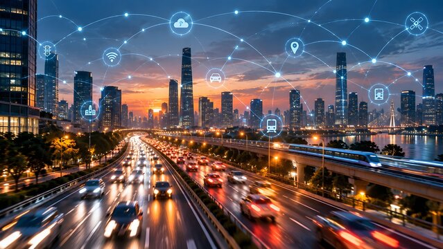 Smart city traffic network with connected vehicles digital communication and IoT technology over modern urban skyline showing intelligent transportation data connectivity and future mobility