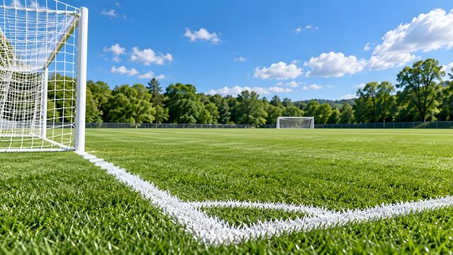 Empty soccer field with white goal net and corner lines on fresh green grass under bright blue sky representing football stadium sports training competition recreation and outdoor athletic field