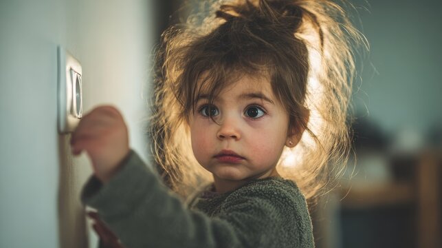 Careless little girl with messy hair stretching to play with light switch, minimalistic home background, highlighting children safety and household electricity hazards