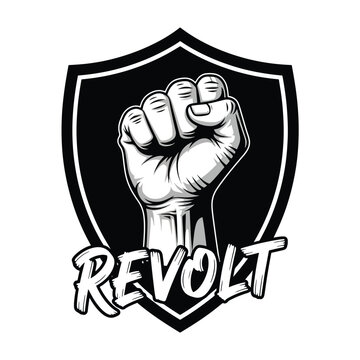 Black Shield with Clenched Fist and Revolt Text.