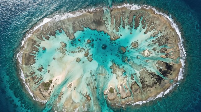 Aerial view of a tropical coral reef atoll with turquoise lagoon water, surrounded by deep blue ocean waves crashing on the outer edge of the circular reef formation