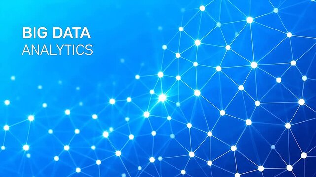 Big data analytics text with white network nodes on blue gradient background