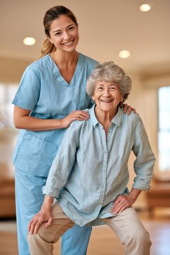 Home healthcare aide assisting an elderly person in a woodblock-style illustration, emphasizing care, support, and companionship in a home setting.