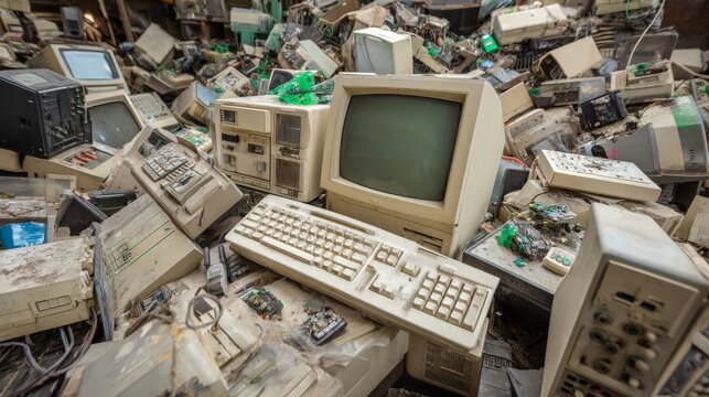Collection of outdated electronics including CRT monitors, keyboards, cell phones, and damaged gadgets, arranged in messy pile, electronic waste concept with copy space