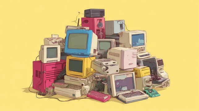 Old desktop computers, retro phones, damaged electronic devices arranged as cluttered heap, concept of planned obsolescence and e-waste recycling illustration