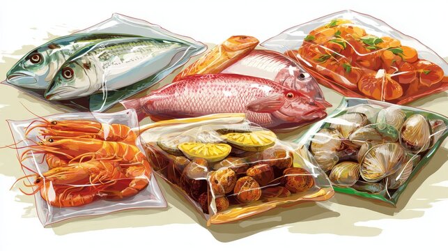 Assorted seafood products in vacuum packs, cartoon vector depiction of preserved fish and shellfish, isolated clean supermarket illustration