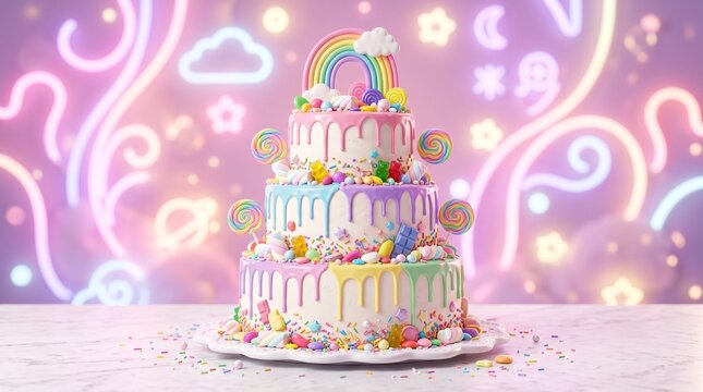 Whimsical three-tier rainbow drip cake decorated with colorful candies, lollipops, sprinkles, and a playful rainbow topper.